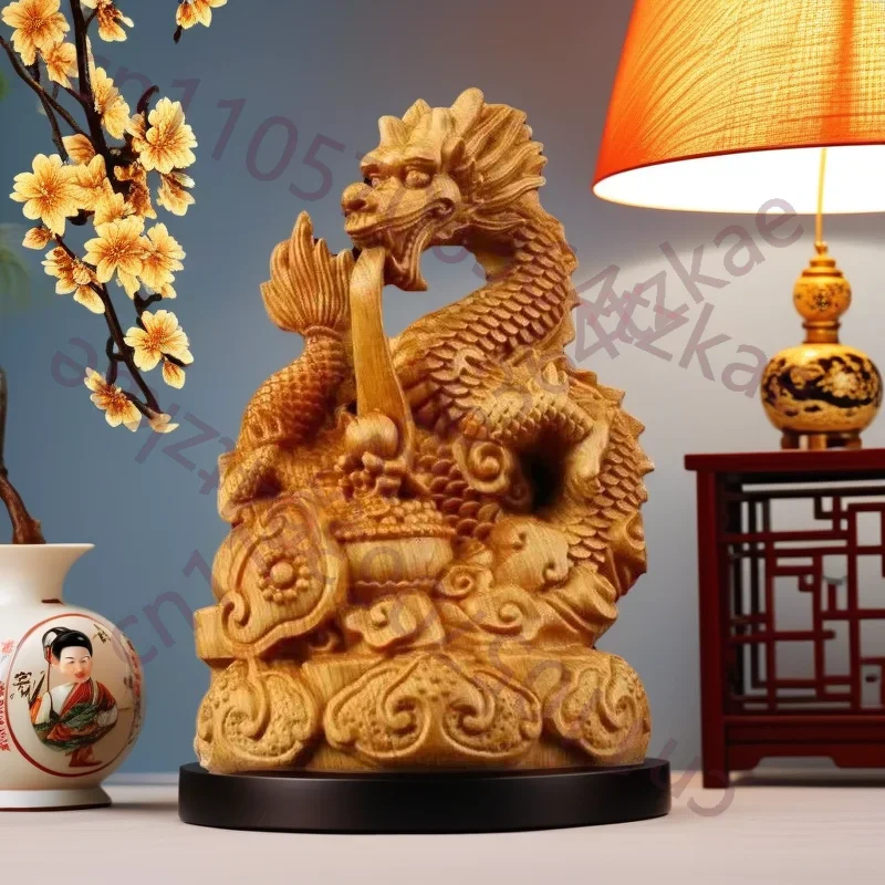 Natural Cypress Panlong Animals Statue Zodiac Dragon ,China Home Room Office Features Figurines Year Of The Dragon Gift