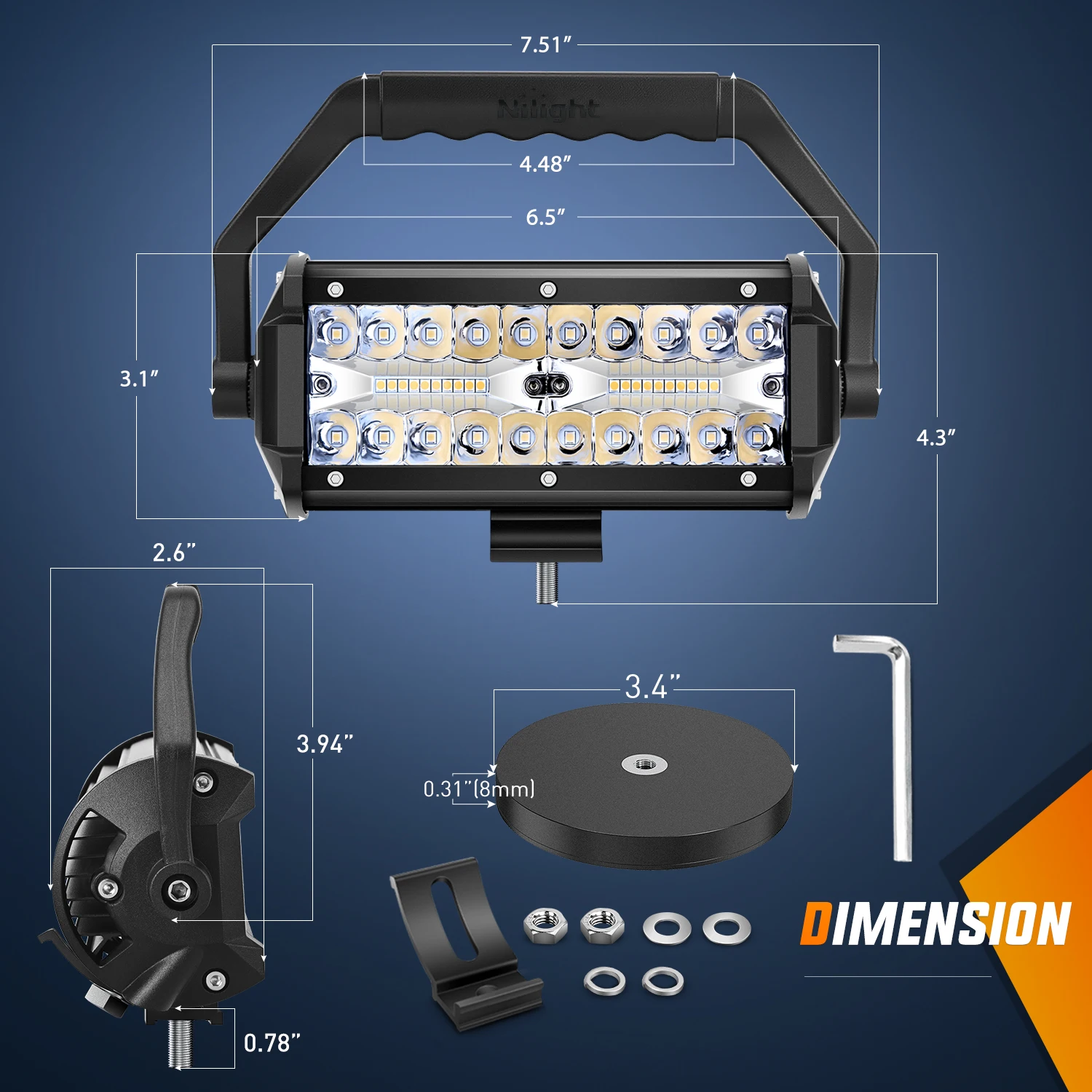 Nilight LED Light Bar 6.5Inch Triple Row Spot Flood Combo Beam Pod Cigarette Lighter Powered with Wiring Magnetic Base Fog Driving Work Roof Bumper Lights for Truck Tractor Golf Cart UTV