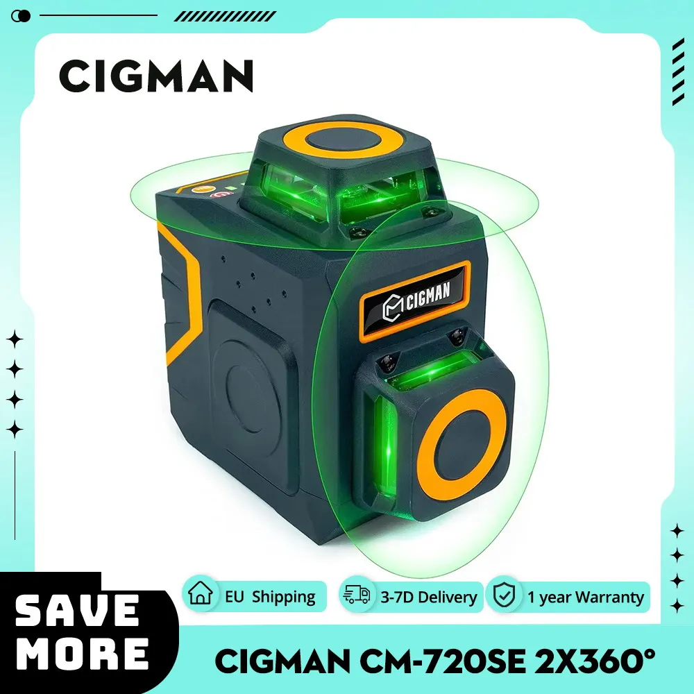 CIGMAN CM-720SE 2x360° 8 Lines Laser Level, Green Cross Line, Self Leveling, IP54 Drip & Dust Proof, with Type-C Rechargeable