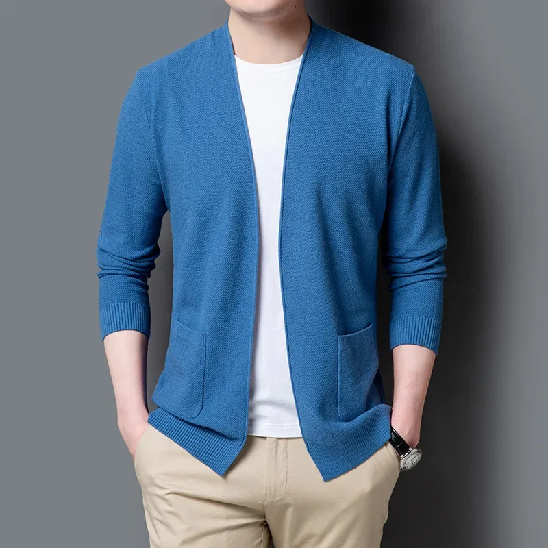 Korean Fashion Cardigan for Men Spring Fall Daily Casual Thin Slim Fit Sweaters Man Yellow Knitwears with Pocket Simple Cardigan