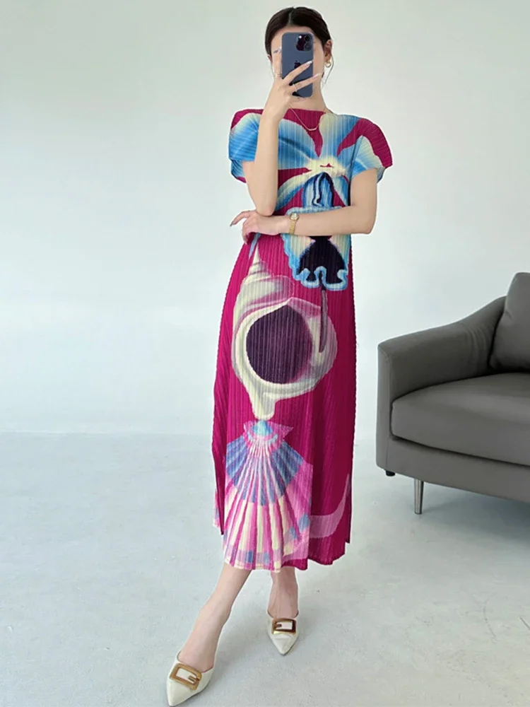 

Round Neck Short Sleeve Summer Printed Dress Miyake 2025 Summer New Fashionable New Dresses Elegant Slim Pleated Women's Dress