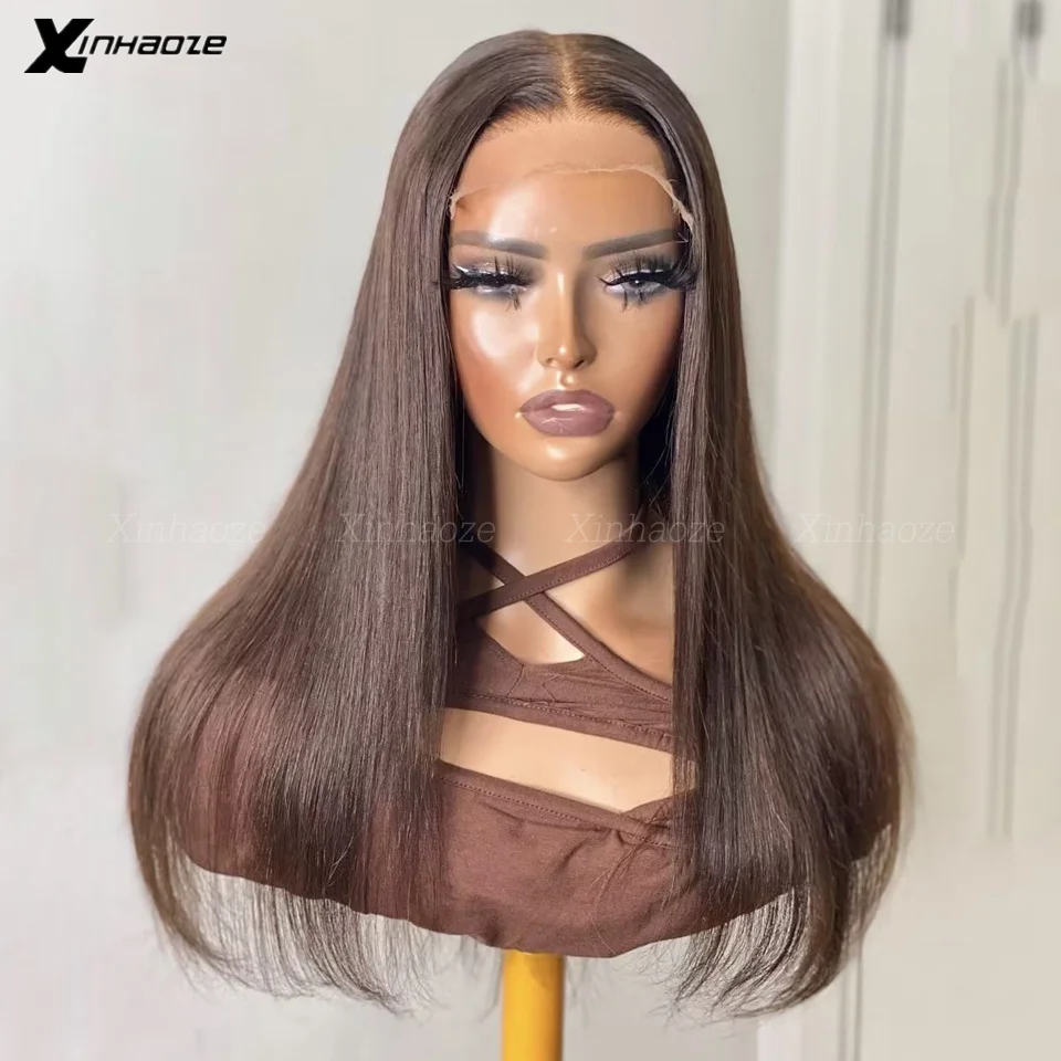 2 # Wig Penutup Atas Sutra 5X5 Coklat Gelap Lurus Wig Renda HD Transparan untuk Wanita Rambut Manusia 13x 4/13X6 Wig Renda Depan