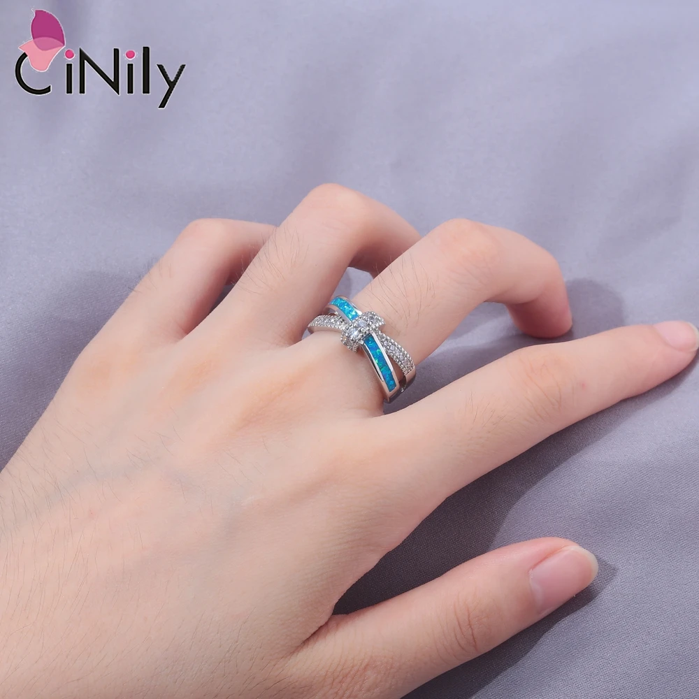 CiNily Mystic White/Blue Fire Opal Crossed Rings Cubic Zirconia anello placcato argento per le donne fedi nuziali gioielli di moda per feste