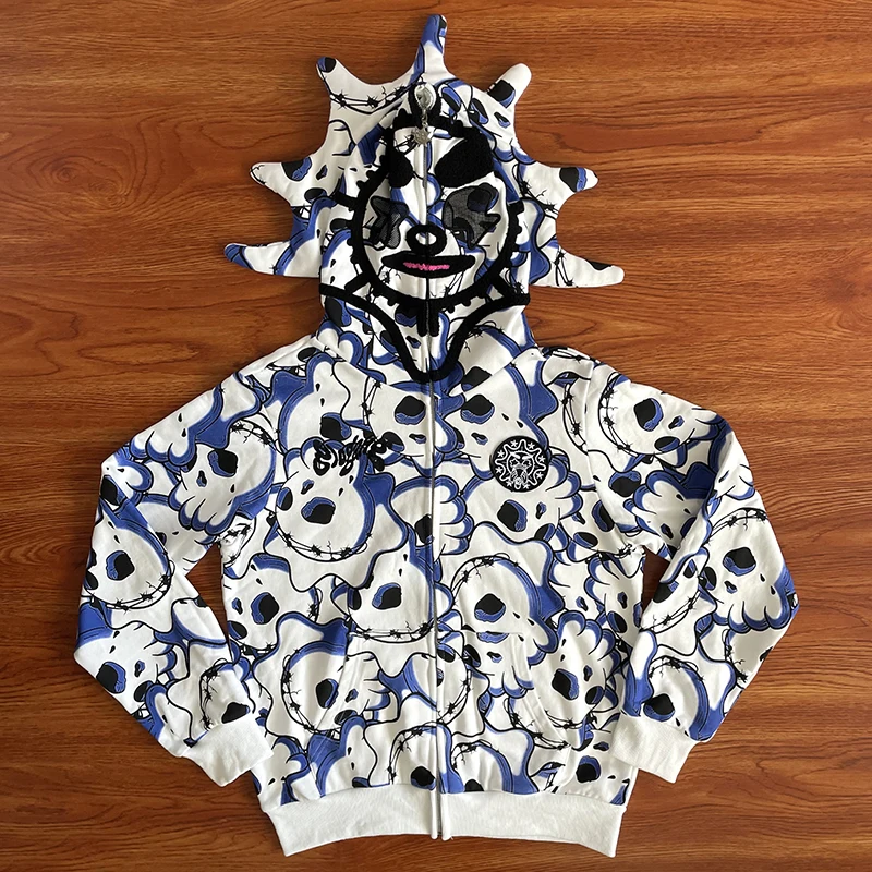 

Толстовка на молнии Glo Gang the Glory синяя с мультяшным принтом, прямого кроя, для весны и осени, молодежная, модная, с капюшоном