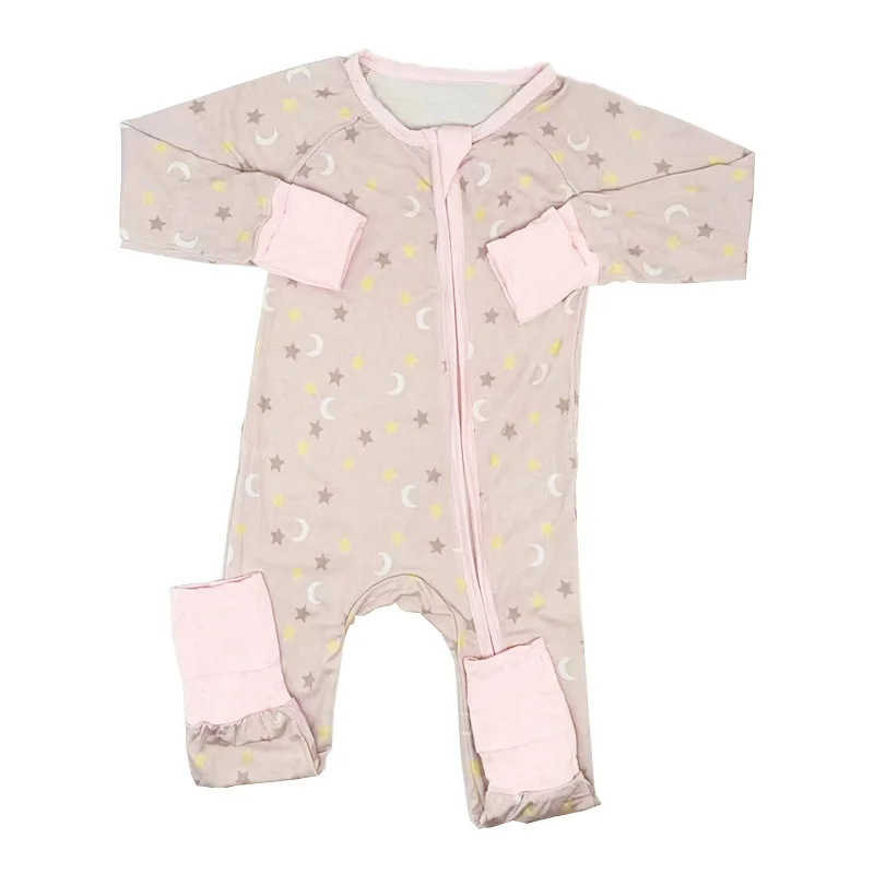 

Baby Girls Star And Lunar Pattern Bamboo Fiber Long Sleeve Doubble Zipper Rompers For Newborn Baby Autumn Pajama Clothes