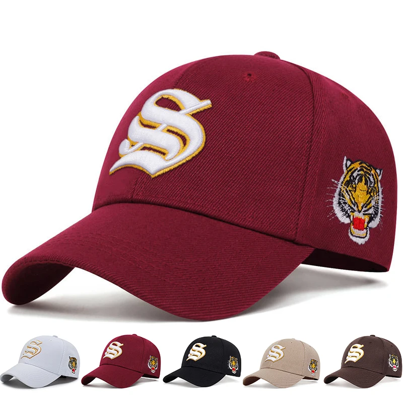 Unisex Baseballkappen mit S-Buchstaben und seitlicher Tiger-Stickerei, verstellbar, für Frühling und Herbst, lässiger Sonnenschutzhut – Detail 1