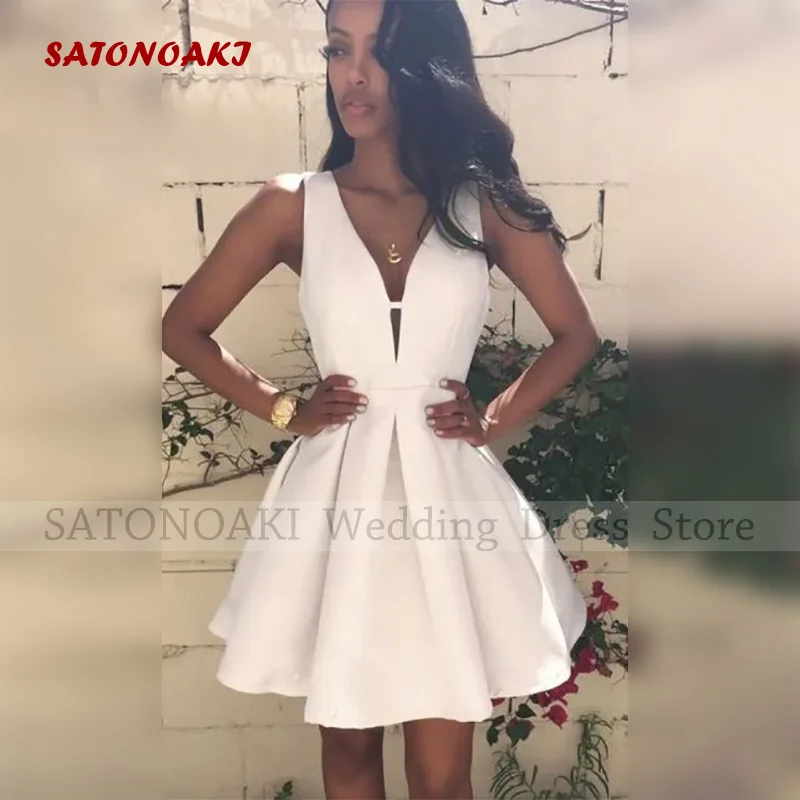 Elegant Sexy V-Neck Mini Satin Short Wedding Dresses for Women A-Line Backless Sleeveless Bridal Gown Vestido De Novia Custom