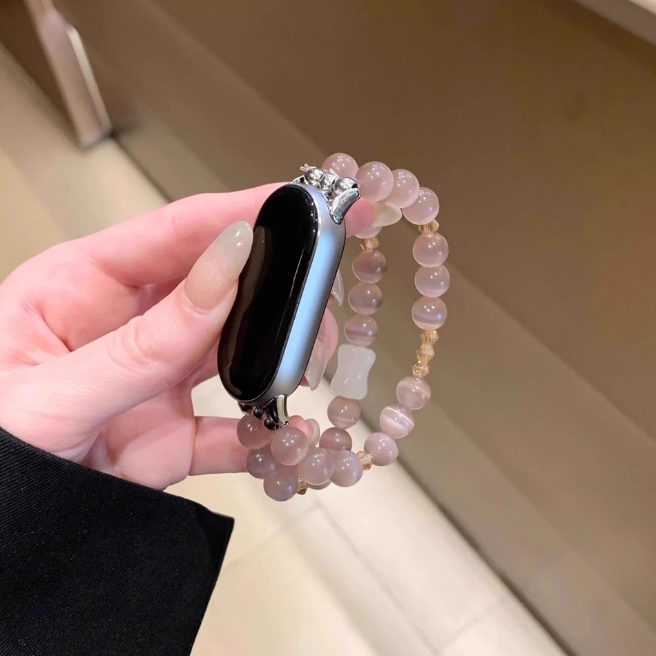 Strap For Xiaomi Mi Band 10 9 8 Pro Fashion Cat's Eye Crystal Watchband For Miband 8Pro 9 Pro Beaded Elastic Bracelet Wristband