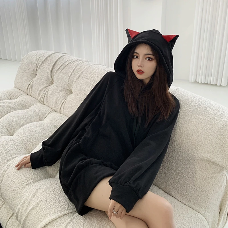 

Women Cozy Cat Ear Velvet Thickened Mid-length Pullover Hooded Sweatshirt