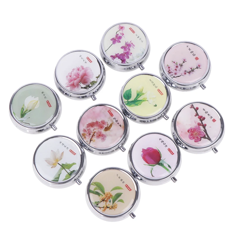 Flowers Metal Pill Boxes Stainless Steel Round Pill Boxes Medicine Organizer Container Medicine Case Splitters Pill Box