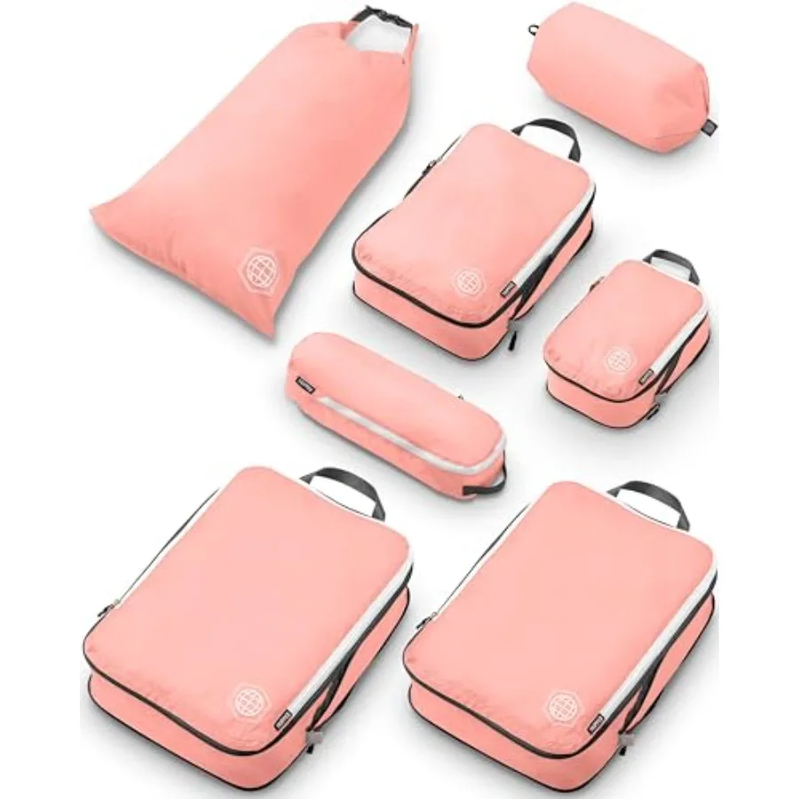 

Большие компрессионные упаковочные кубы для путешествий, набор из 7 предметов, цвет пыльно-розовый, ультралегкие расширяемые компрессионные сумки для багажа.