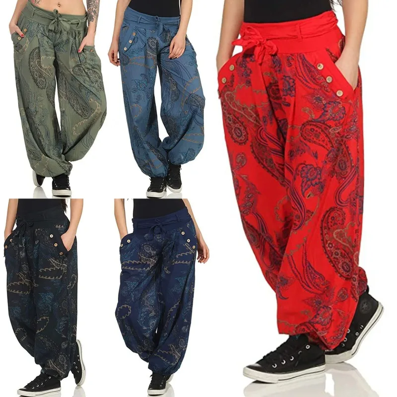 

Harem pants woman trousers Summer plus size Harun pants digital print long pocket belt wide leg pants Harun casual pants