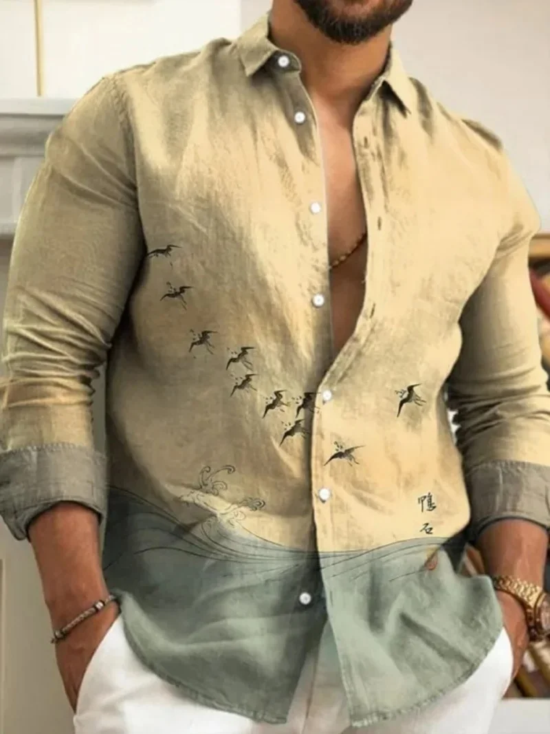 2025 秋の新メンズリネンファッションシャツプリント竹麻長袖シャツメンズストリートアロハシャツ