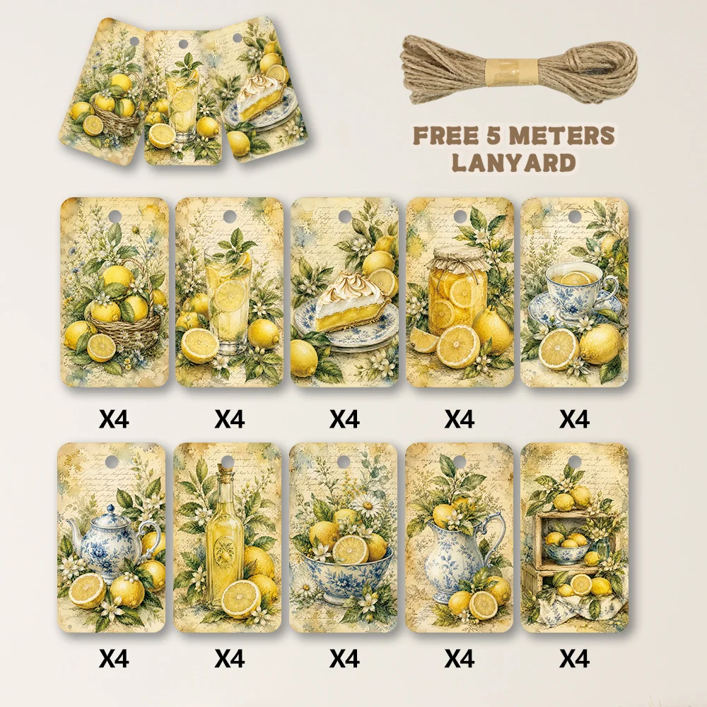 40pcs, Gift Tags, Vintage Watercolor Lemon Art, Hanging Paper Labels for Gift Wrapping, Holiday Party Decor with String