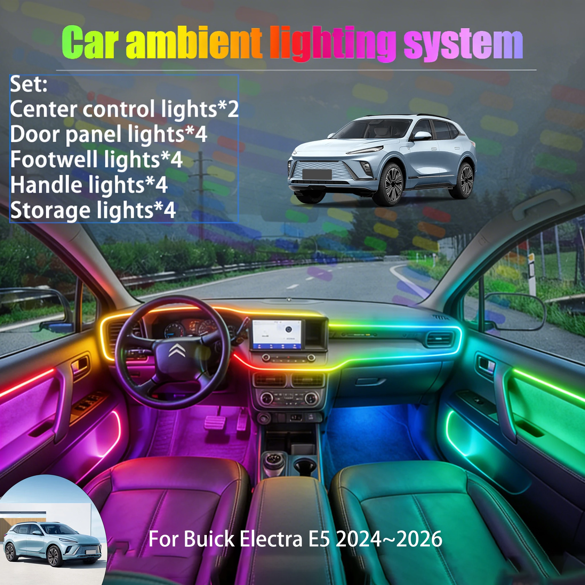 

Для Buick Electra E5 2024~2026 B233 2/18 в 1: Комплект светодиодной подсветки салона и багажника USB RGB с эффектом потока