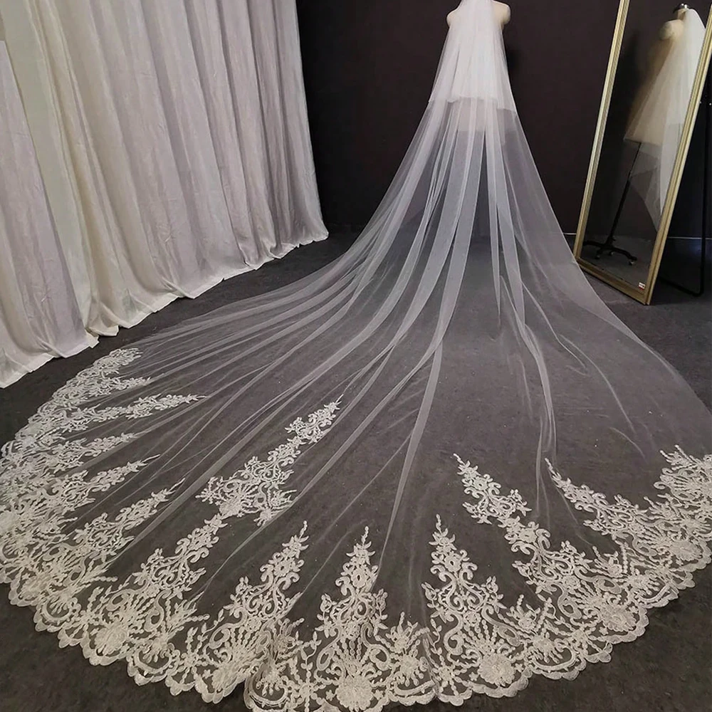 Customized Elegant 2 Tiers Long Lace Wedding Veil 3 Meters White Ivory Bridal Veil with Comb Blusher Bride Headpiece Accessories