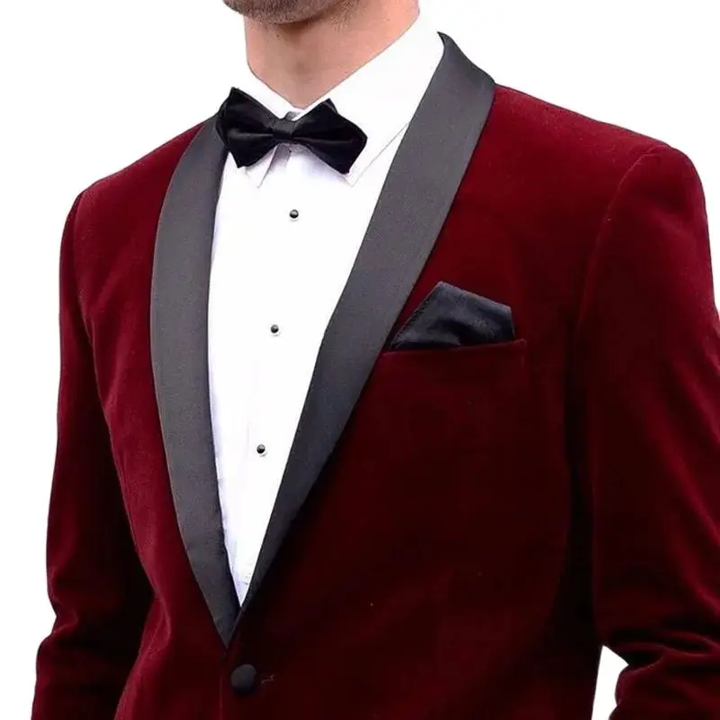 Burgundy Men\'s Blazer Formal Jacket Velvet One Piece Black Shawl Lapel Single Breasted Slim Fit Male Coat Prom Party Costume