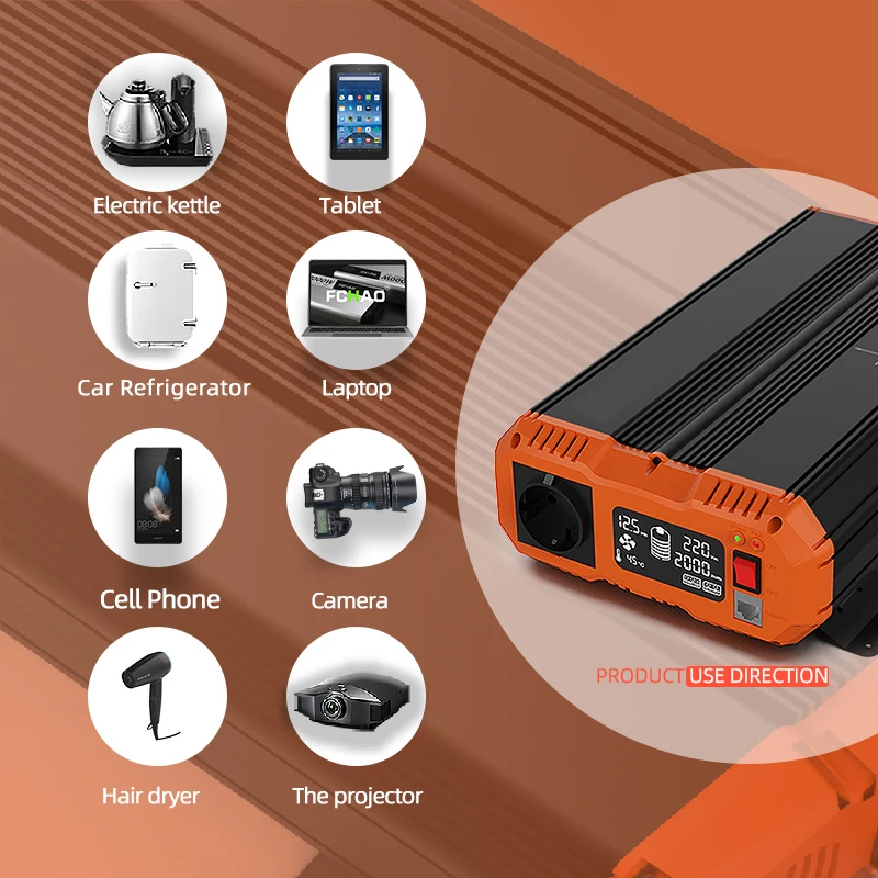 Inwerter samochodowy FCHAO 1500W, 12V na 220V, 50Hz, 3000W szczytowe, czysta fala sinusoidalna, pilot zdalnego sterowania, konwerter DC na AC do samochodu/kampera/energia słoneczna — zdjęcie produktu 5