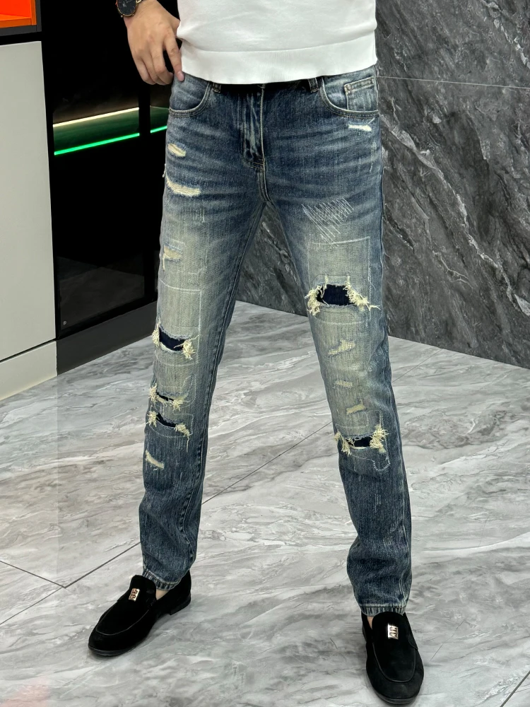 

Модные мужские джинсы, осень-зима, новые облегающие брюки в стиле пэчворк с дырками, длинные брюки, повседневная одежда, универсальные