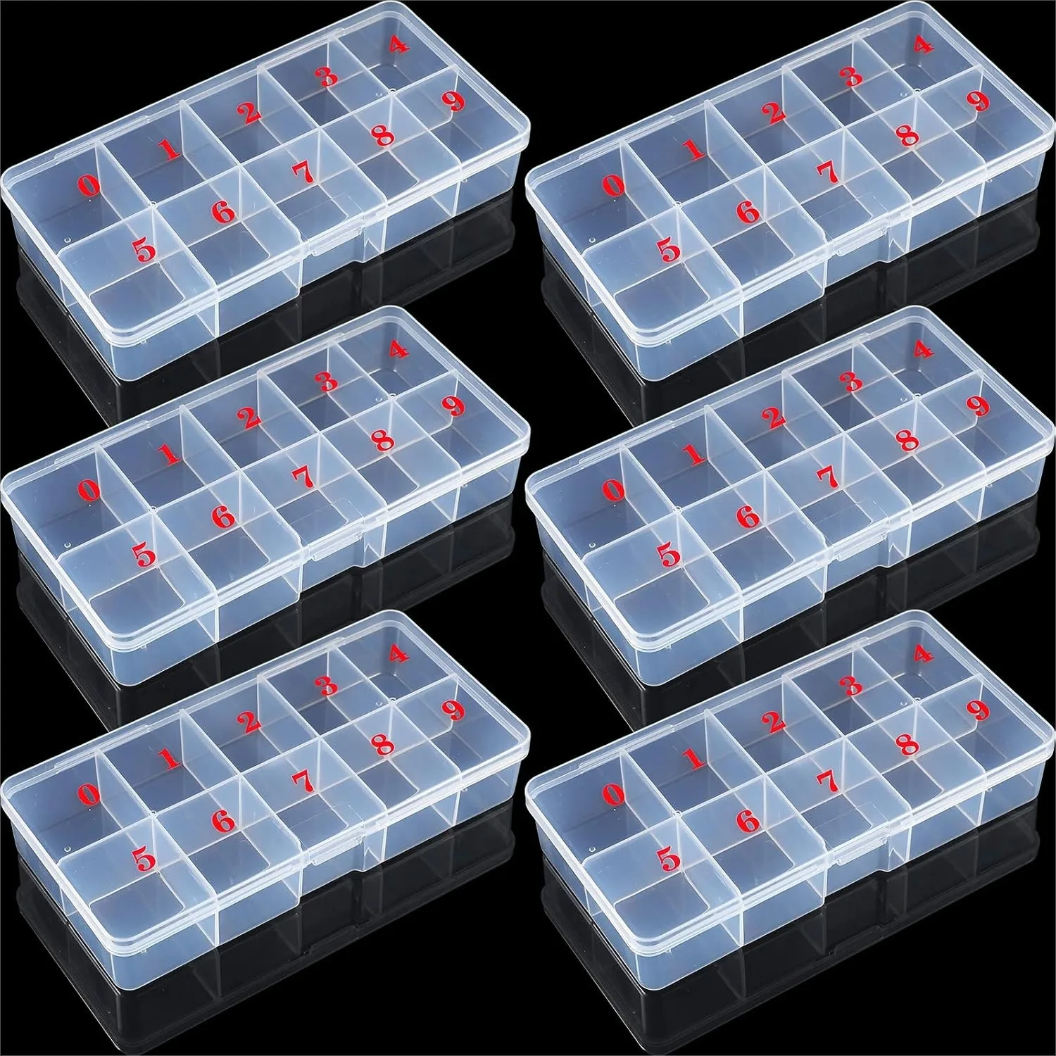

6 Pieces Nail Art Tip Storage Organizer Box with 10 Numbered Slots, Clear Plastic False Nail Case for Fingernail, Jewelry