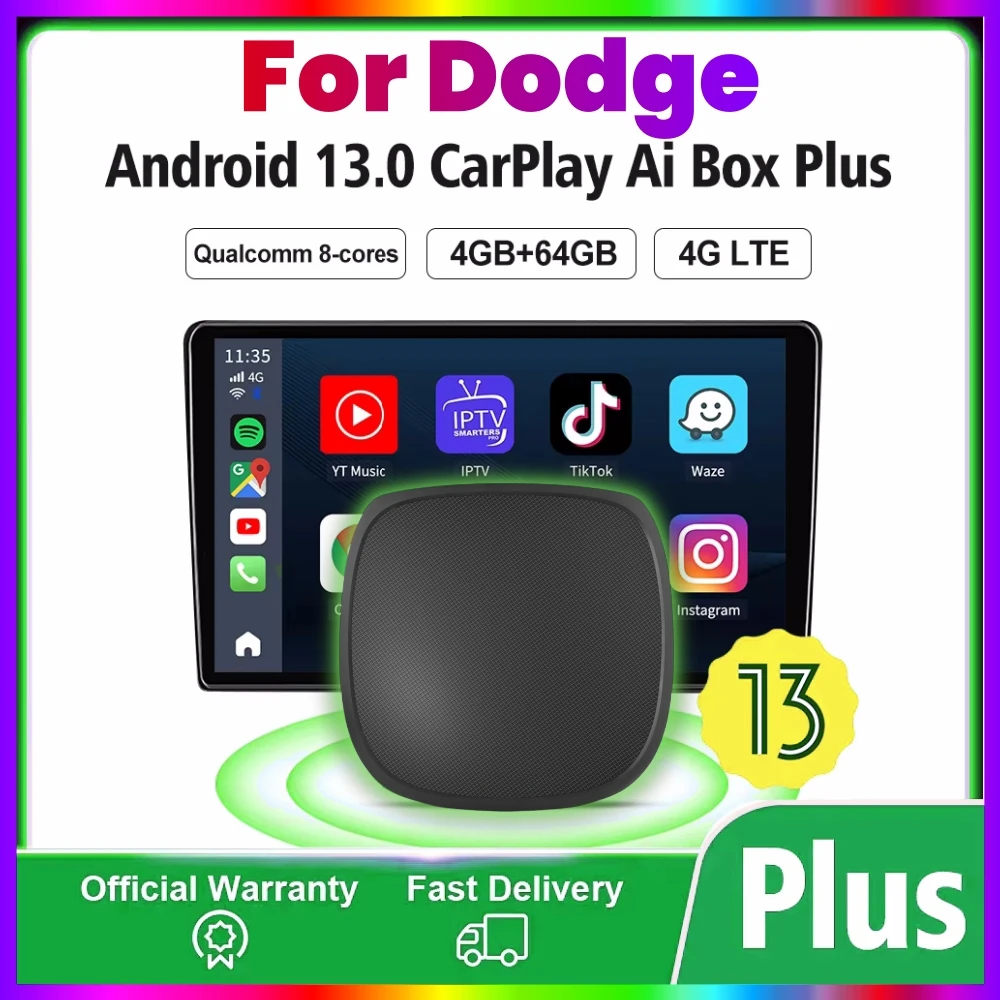 Android 13 CarPlay Ai Box 4G + 64G 4GLTE Беспроводная Android авто для YouTube Netflix для Dodge Ram 1500 2500 зарядное устройство Hornet Durang