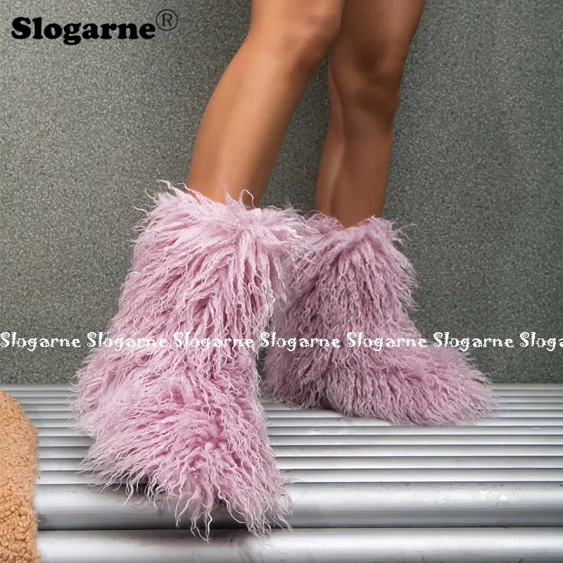 New Winter Boots Furry Shoes Women Teddy Fur Snow Boots Fluffy Warm Faux Wool Boot Plush Fashion Boots Ladies Mongolian Fur Boot