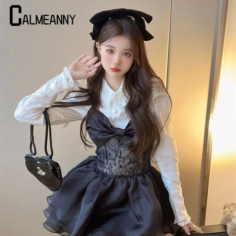 Kaus Vintage Musim Semi Musim Panas Set Pakaian Harajuku Mode Gaun Mini Ramping Gaya Seksi Manis Wanita Desain Pita High Street