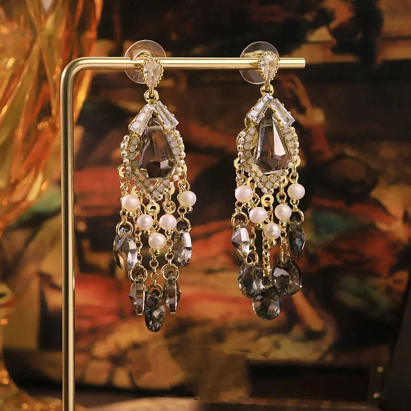 Original Natural Pearl Rhombic Glass Zircon Pendant Earrings for Women Fashion Charm Tassel Beads Drop Earrings Jewelry Gifts