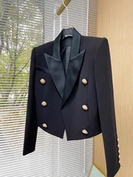 Runway Fashion Classic Designer Blazer Jacket Women's Luxury Golds Metal Buttons Black Suit Coat Elegant OL Work Wear