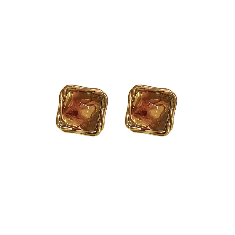Vintage Brown Resin Square Stud Earrings, Women's Gift