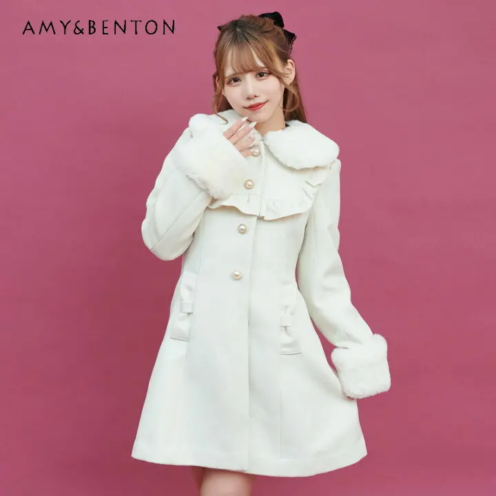 

Winter New Japanese Cute Sweet Pearl Buckle Fur Collar Wool Coat Women Sweet Lace-up Padded Coat All-Match Solid Color Slim Coat