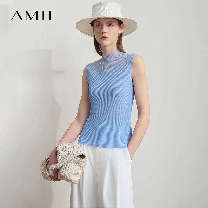 Amii Women Top Minimalist Summer New Solid Color Mock Neck Sleeveless Slim Elastic Double Curved Yarn Knitted Camisole 12542249