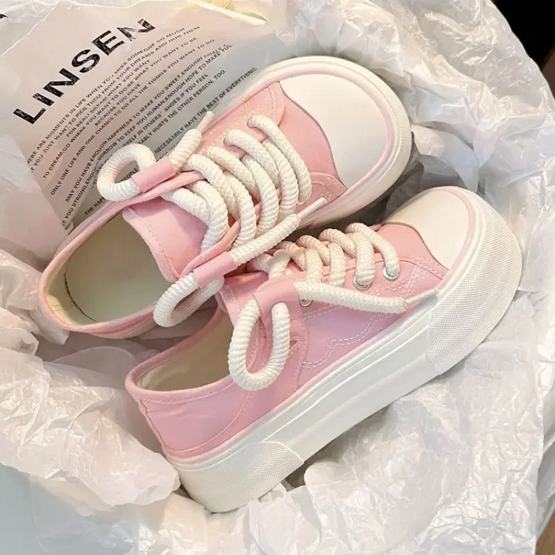 Cute High on Platform Women Footwear Canvas Lace Up Round Toe Ladies Shoes Kawaii Black New Arrival 2025 Shoe in Summer Quality