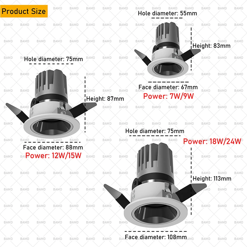 عكس الضوء LED النازل 9 واط 12 واط 15 واط Led ضوء السقف 220 فولت لغرفة النوم راحة led أسفل أضواء BAMD مصابيح الإضاءة الداخلية الحديثة