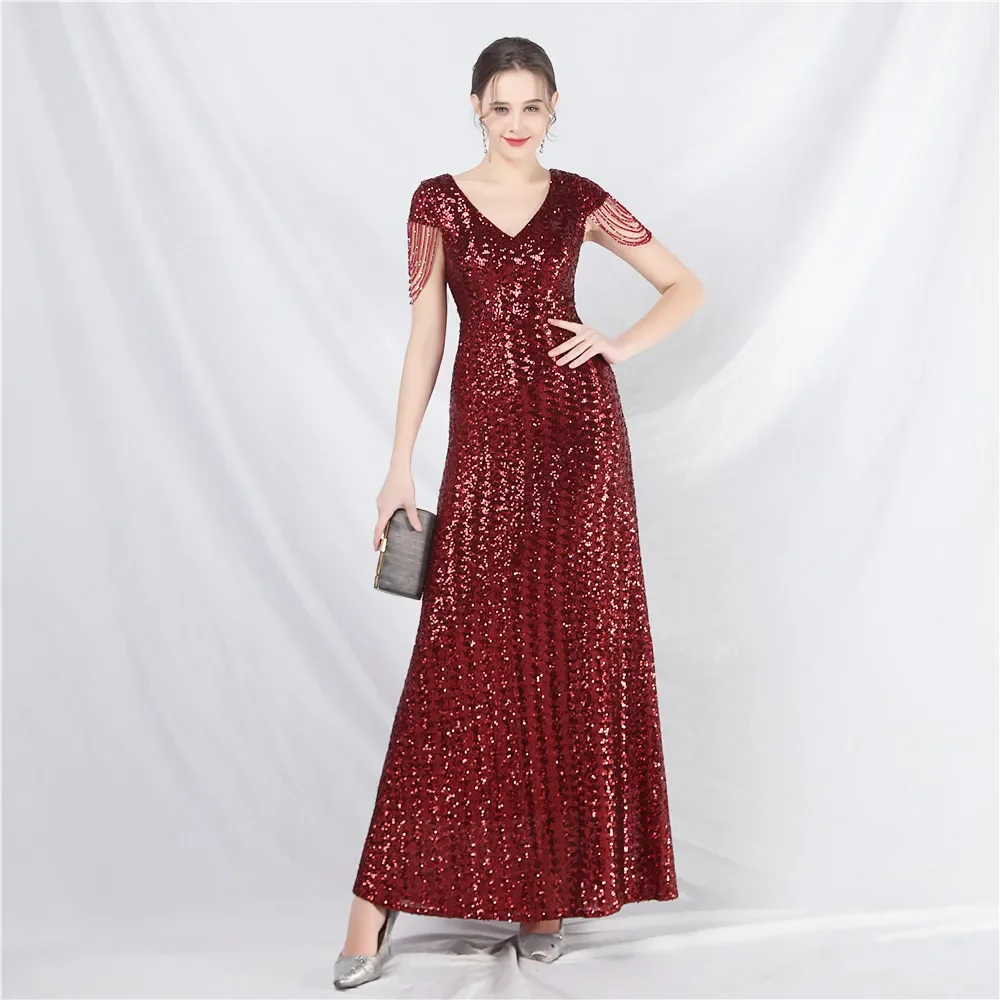 

Evening Dresses Burgundy Sequins Beads Stretchy V-neck Zipper Back Mermaid Trumpet Floor Length Women Party Formal Gowns YE018