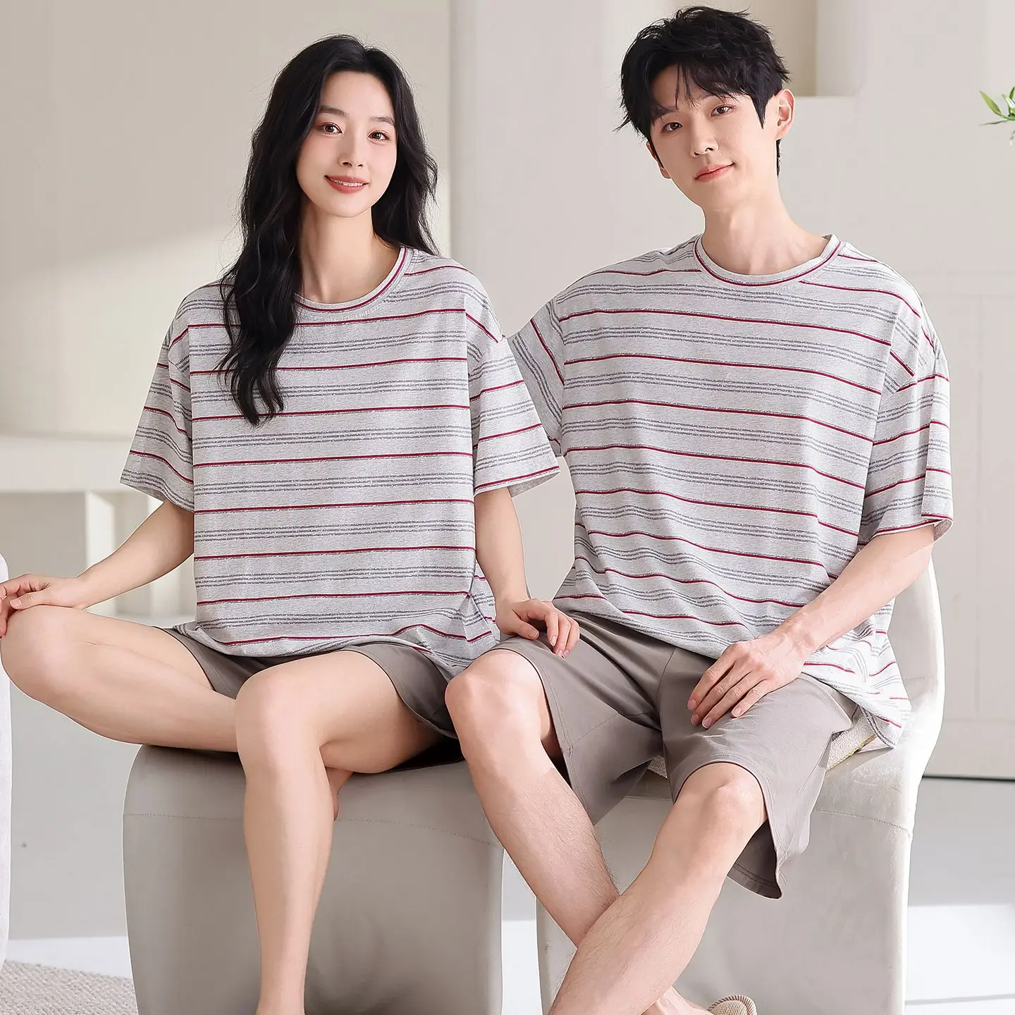 

2026 Summer Couple Short Sleeve Casual Striped 100% Cotton Pajama Sets for Women Korean Loose Sleepwear Women Homewear Clothes