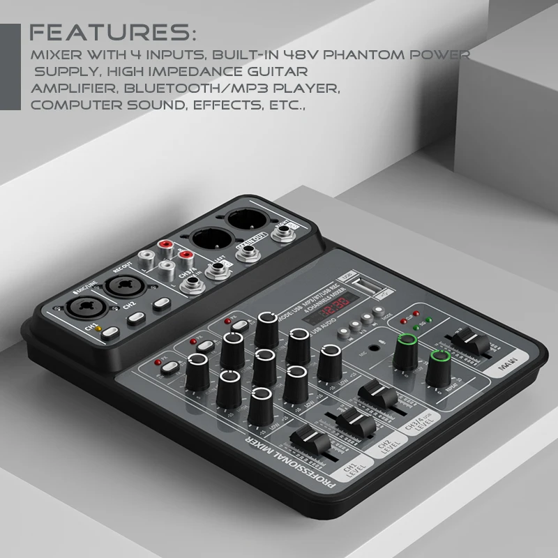

Portable Mixing Console 4-Channel Audio Mixer 48V Phantom Power USB Studio Mixer Bluetooth DJ Mixing Console Karaoke Music Mixer