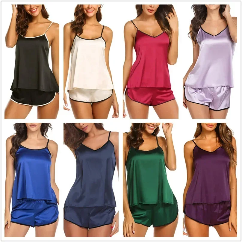 Summer Sexy Sleepwear for Women: Solid Color Pijama Mujer Set - Silk Tops & Shorts, Feminine Nightwear for Girls & Females