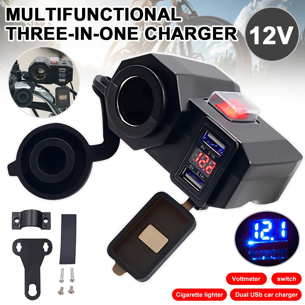 

12V Motorcycle Handlebar Charger Dual USB Port Cigarette Lighter Socket 2.1A Digital Display Adapter Power Supply Quick Charge
