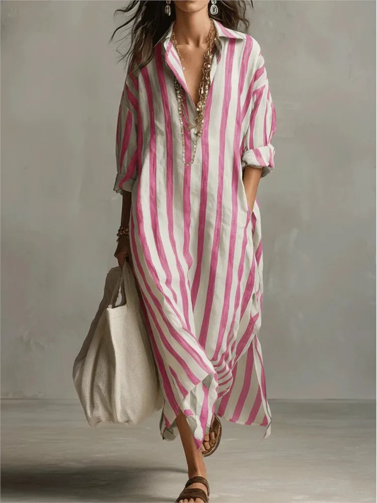 Fashion Casual Loose Pocket Long Dress For Women Long Sleeve Dress Summer Elegant Turn Down Collar Linen Stripe Shirt Dresses