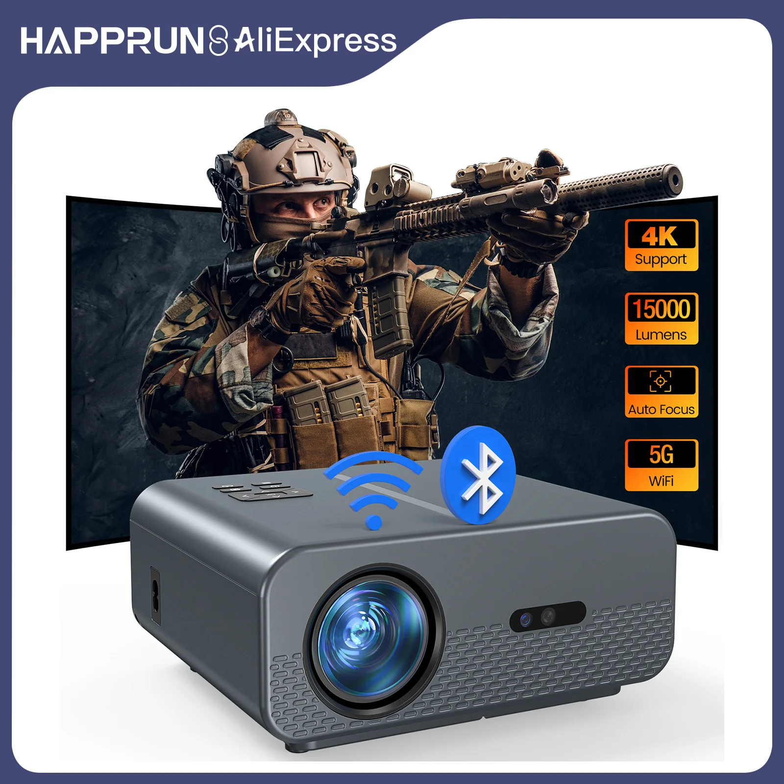 HAPPRUN 1080P Auto Focus Projector,15000Lux,WiFi/Bluetooth,4K Support,6D Keystone, 50% Zoom,Portable, HDMI/USB/AV/PS5 Compatible