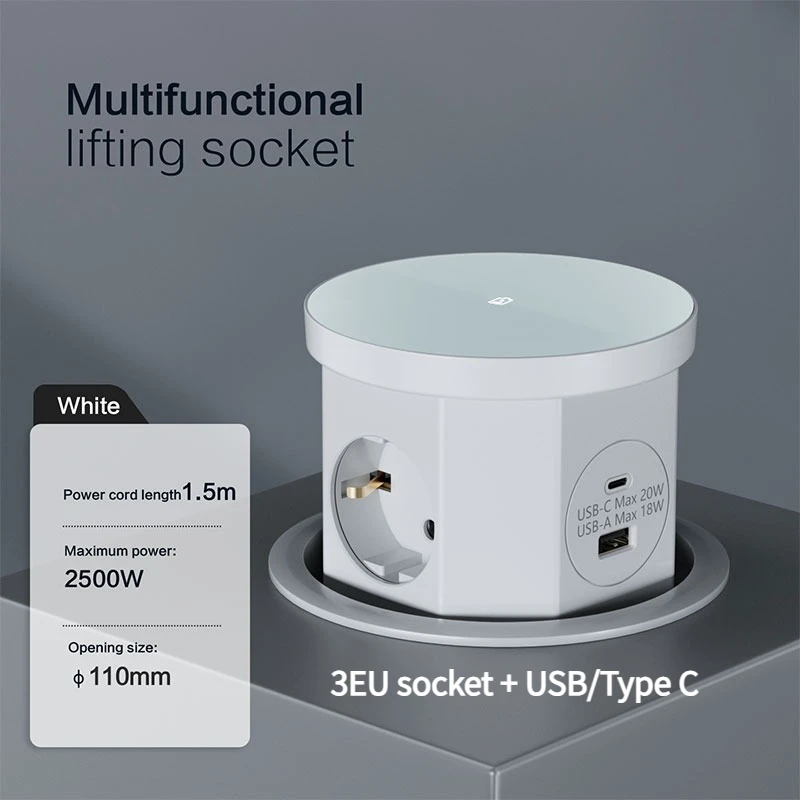 YINKA pop-up tafelcontactdoos hijsaansluiting, USB Type-C stopcontact, EU-aansluiting, 15W draadloos opladen, desktop verborgen hijsaansluiting
