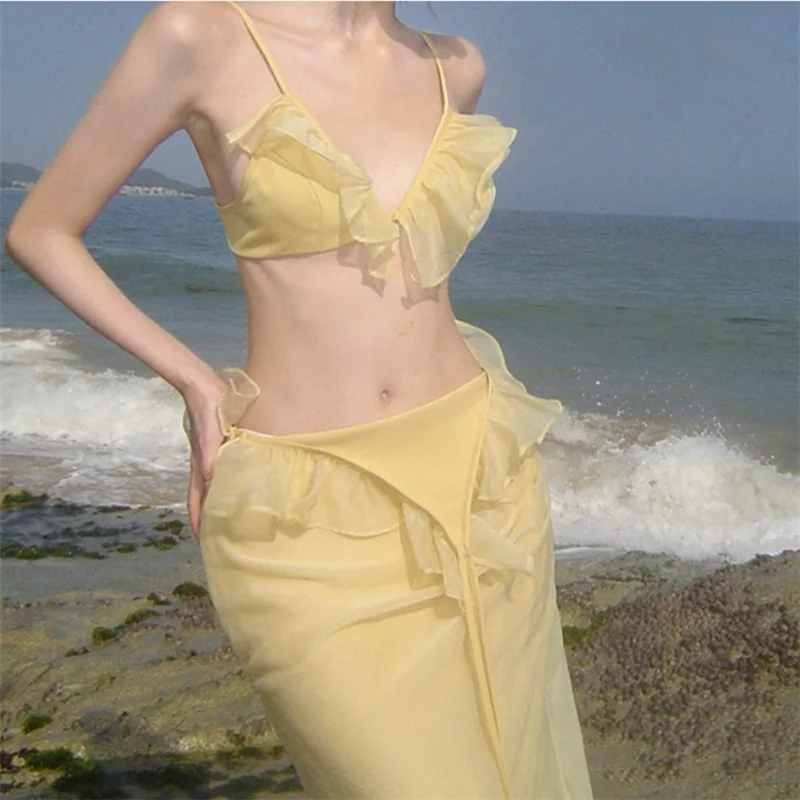 New Fashion Holiday Yellow White Camis Slip Long Dress Backless Ruffles V Neck Seaside Beach Dress Sexy Hollow Waist Fairy Dress