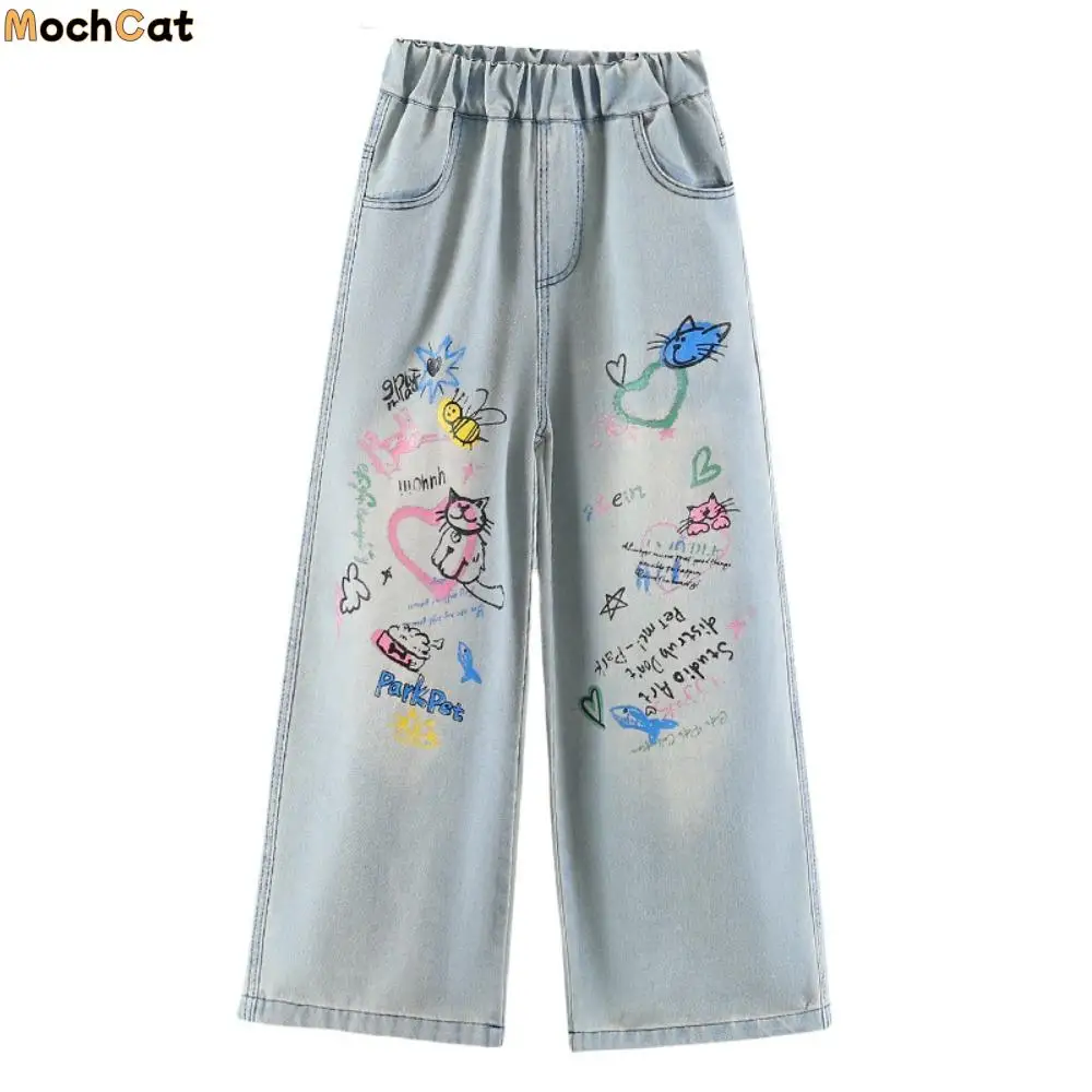 

Harajuku Straight Teen Girl Jeans Loose High Waist Children Cartoon Jeans Graffiti Wide Leg Girls Denim Trousers Kids Children