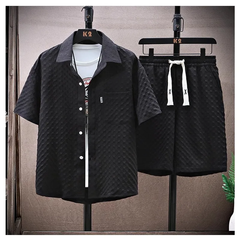 Summer Men's Set High Quality Ice Silk Plaid Short Sleeve lapel Shirt +Shorts 2-piece for Men Korean Luxury Casual Oversize Suit