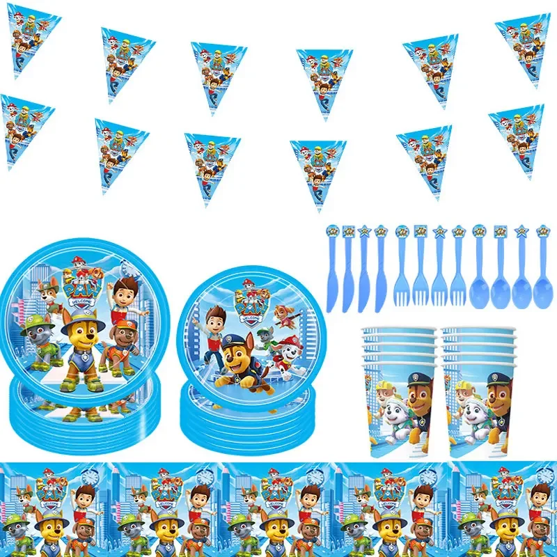 Paw Patrol Verjaardagsfeestje Decoratie Servies Set Stickers Banner   Tafelkleed Achtergrond Blauwe Ballonnen Sleutelhanger Kinderfeestartikelen