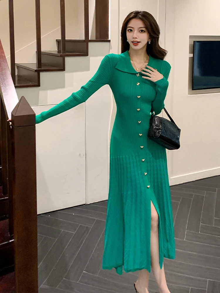 

French Elegant Lapel Long Sleeve Single Breasted Knitted Dresses Women Autumn New Temperament Slimming Office Party Dress