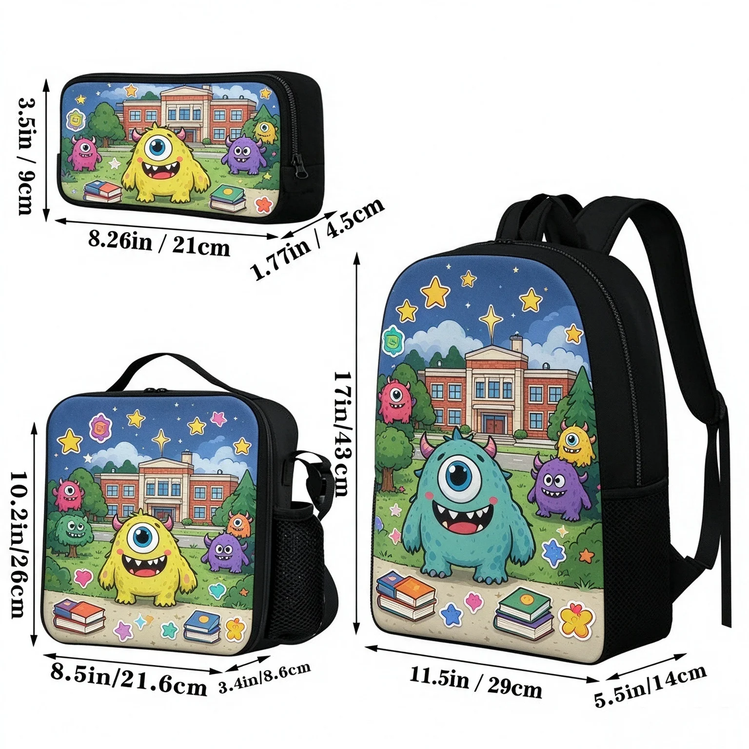 Custom Name 3Pcs Kids Backpack Set Cute Cartoon Monster School Scene School Bag Boys Girls Bookbag with Insulated Lunch Bag Penc