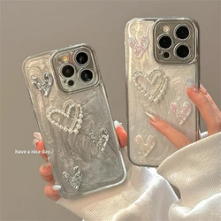 Korean Style INS 3D Pearl Love Plating Epoxy Phone Case For iPhone 15 14 13 12 11 Pro Max Luxury Camera Protective Back Cover
