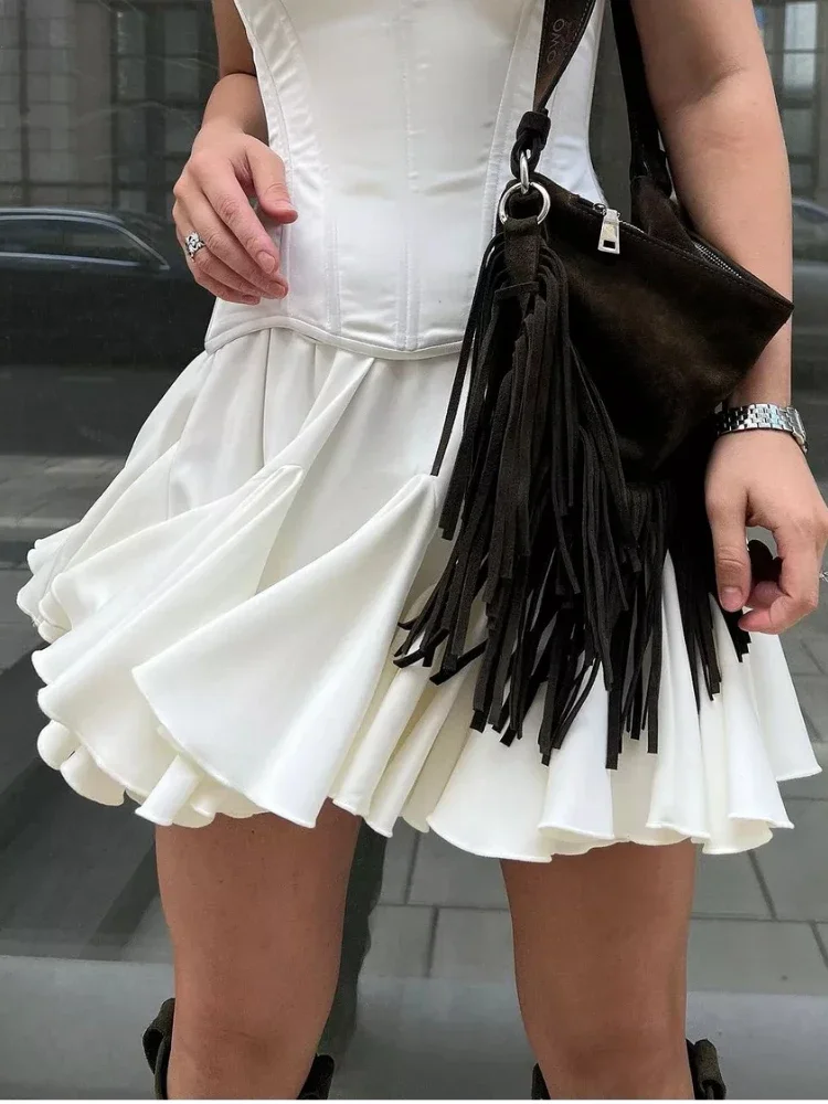 QWEEK Y2k Coquette White Ruffles Mini Skirt Women 2024 Fashion High Waist A-line Irregular Korean Style Cute Pleated Skirt